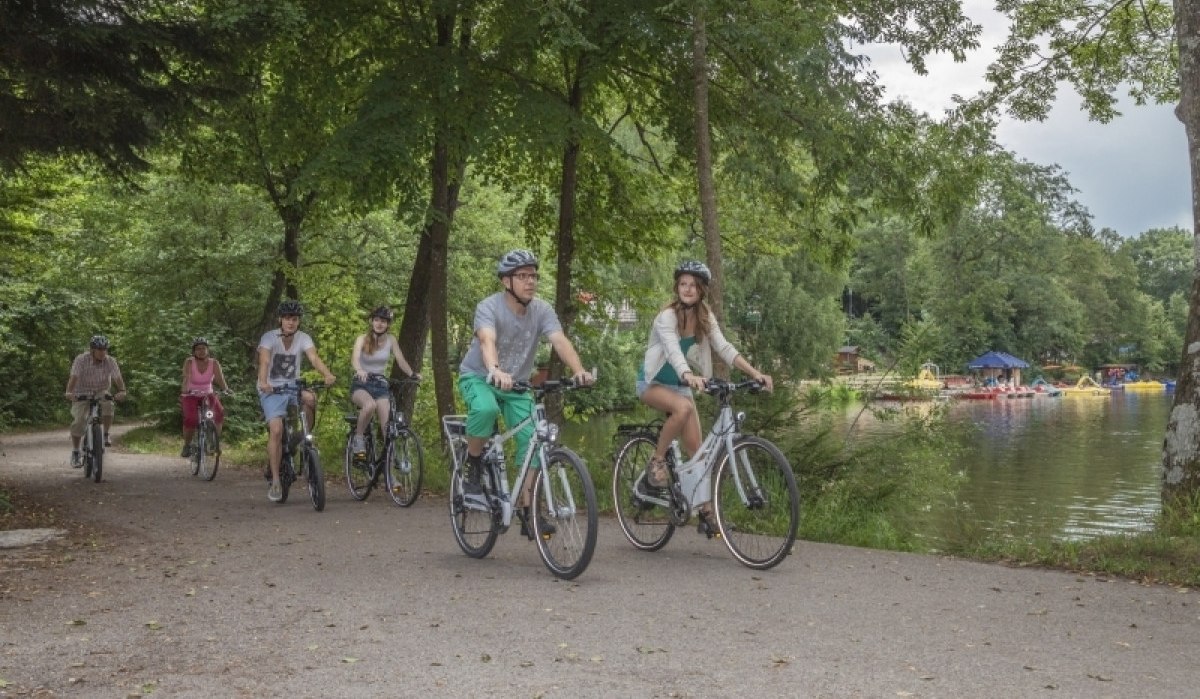 Eine Gruppe von Radfahrern mit Helmen fährt auf einem Weg am Ebnisee entlang, umgeben von Bäumen und Wasser., © Rems-Murr-Kreis Eine Gruppe von Radfahrern mit Helmen fährt auf einem Weg am Ebnisee entlang, umgeben von Bäumen und Wasser., © Rems-Murr-Kreis