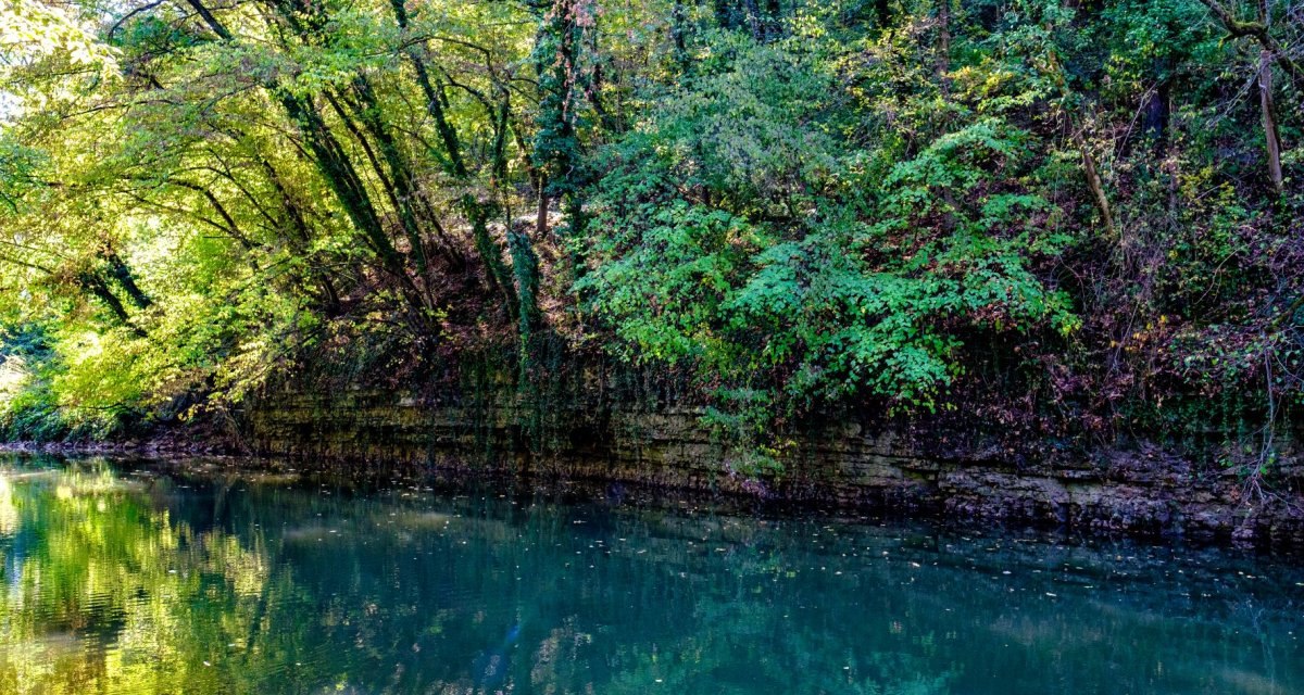 Ein ruhiger Fluss mit üppigem, grünem Laub an den Ufern, das sich im klaren Wasser spiegelt. Die Szene wirkt friedlich und naturbelassen., © WTM GmbH Waiblingen Ein ruhiger Fluss mit üppigem, grünem Laub an den Ufern, das sich im klaren Wasser spiegelt. Die Szene wirkt friedlich und naturbelassen., © WTM GmbH Waiblingen