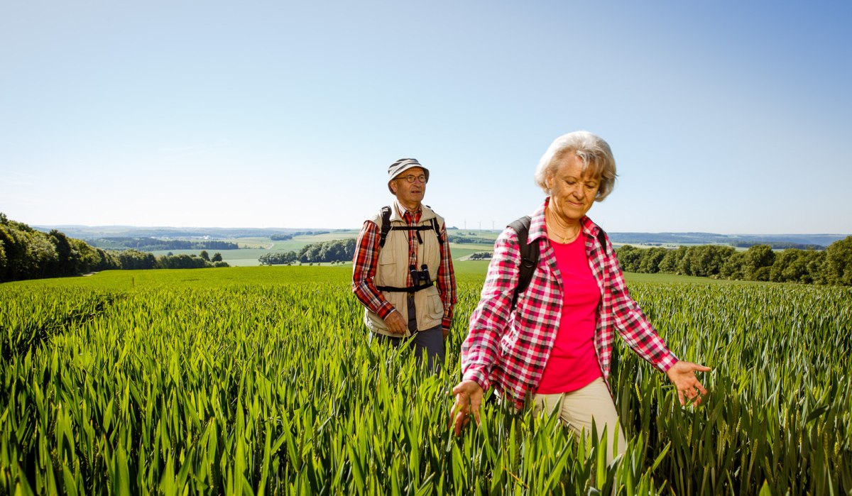 Zwei ältere Personen wandern durch ein grünes Feld. Der Himmel ist klar und blau, die Landschaft weitläufig und grün., © Landkreis Göppingen Zwei ältere Personen wandern durch ein grünes Feld. Der Himmel ist klar und blau, die Landschaft weitläufig und grün., © Landkreis Göppingen