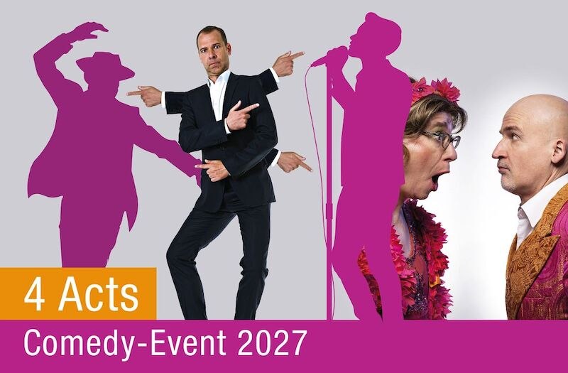 Plakat f&uuml;r das Comedy-Event 2027 mit vier Acts. Es zeigt Silhouetten von K&uuml;nstlern und zwei Personen in bunten Outfits, die sich gegen&uuml;berstehen., &copy; Stadthalle Leonberg