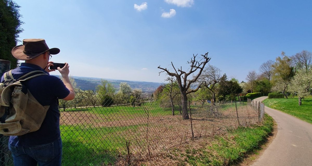 Person mit Hut fotografiert eine Landschaft mit Streuobstwiesen. Ein Weg führt durch die grüne Landschaft, der Himmel ist blau mit wenigen Wolken., © Kulturamt Plochingen Person mit Hut fotografiert eine Landschaft mit Streuobstwiesen. Ein Weg führt durch die grüne Landschaft, der Himmel ist blau mit wenigen Wolken., © Kulturamt Plochingen