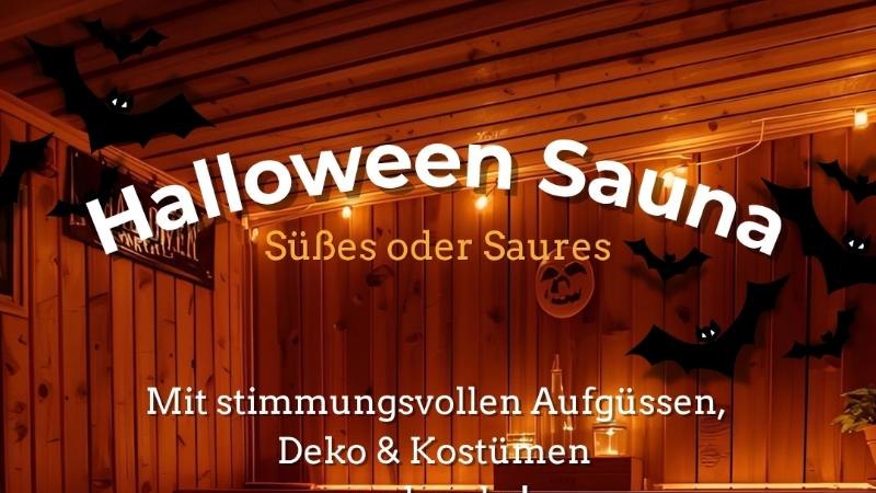 Einladungsplakat f&uuml;r Halloween-Sauna mit K&uuml;rbis, Flederm&auml;usen und Lichtern. Text: "Halloween Sauna - S&uuml;&szlig;es oder Saures" am 31. Oktober in Ludwigsburg., &copy; Stadtwerke Ludwigsburg-Kornwestheim GmbH
