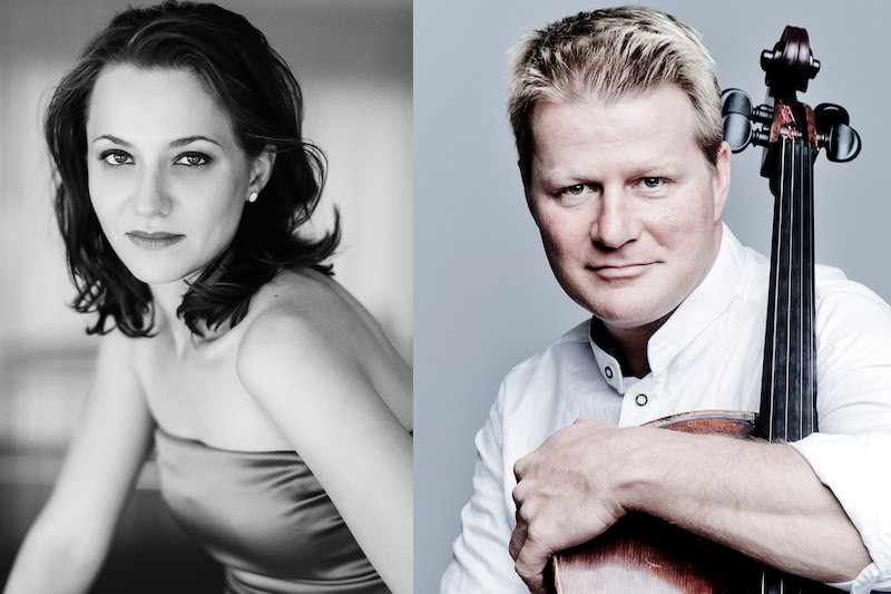 Zwei Porträts: Links eine Frau in einem schulterfreien Kleid, rechts ein Mann in weißem Hemd mit einem Cello., © Stadt Winnenden Zwei Porträts: Links eine Frau in einem schulterfreien Kleid, rechts ein Mann in weißem Hemd mit einem Cello., © Stadt Winnenden