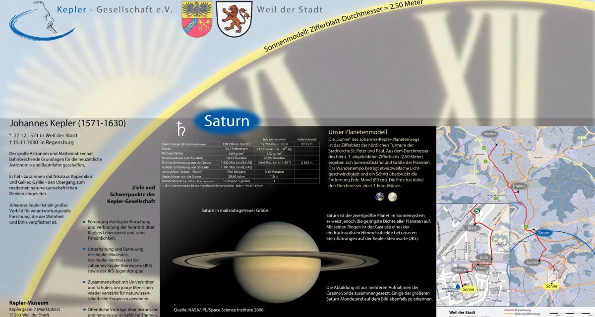 Infotafel &uuml;ber den Johannes-Kepler-Planetenweg mit Details zu Saturn, Keplers Leben und einer Karte des Planetenwegs in Weil der Stadt., &copy; Natur.Nah. Sch&ouml;nbuch & Heckeng&auml;u