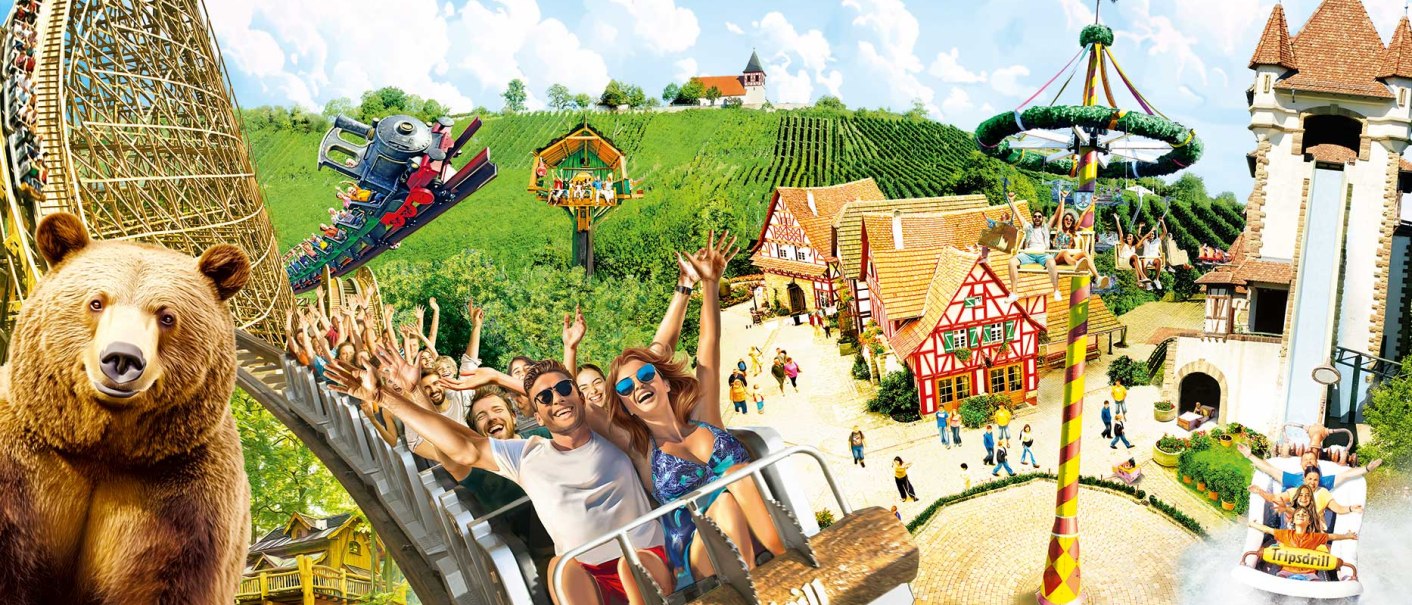 Collage von Attraktionen im Freizeitpark Tripsdrill: Achterbahn, Bär, Wasserrutsche und fröhliche Besucher in traditioneller Umgebung., © Erlebnispark Tripsdrill GmbH & Co. KG