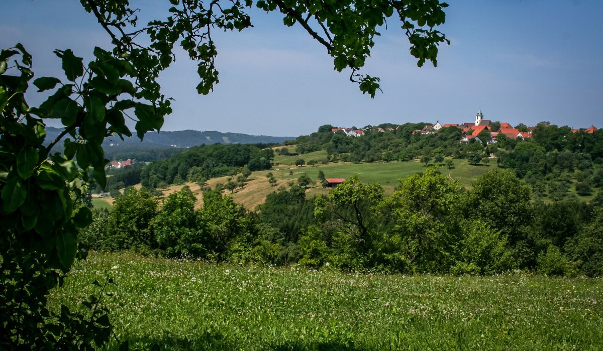 Grüne Wiesen und Bäume rahmen ein Dorf mit roten Dächern und einer Kirche im Hintergrund ein. Der Himmel ist klar und blau., © agentur arcos/Niki Eilers
