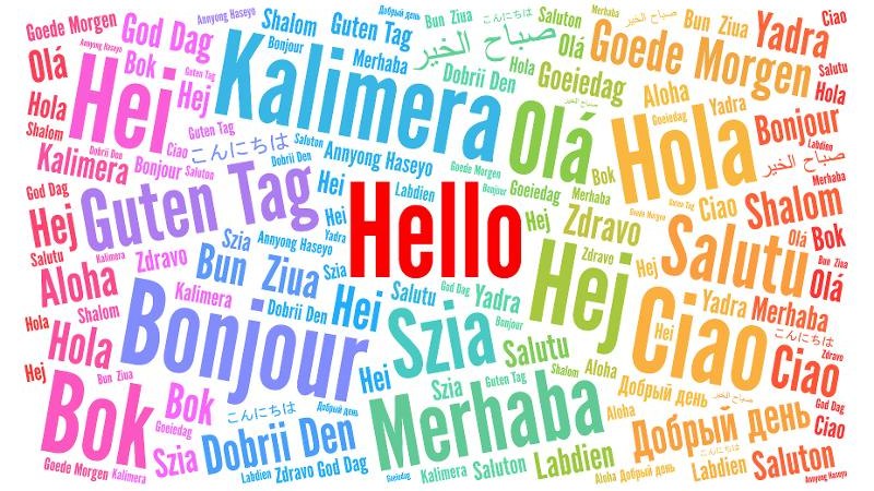 Bunte Wortwolke mit Begr&uuml;&szlig;ungen in verschiedenen Sprachen, zentriert "Hello" in Rot. Enth&auml;lt W&ouml;rter wie "Bonjour", "Hola", "Ciao" und "Guten Tag"., &copy; Stadtbibliothek Ludwigsburg
