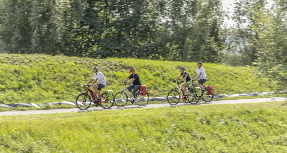 Vier Radfahrer fahren auf einem Radweg durch eine grüne, bewaldete Landschaft. Sie tragen Helme und haben Gepäcktaschen an ihren Fahrrädern., © Rems-Murr-Kreis, Jan Bürgermeister Vier Radfahrer fahren auf einem Radweg durch eine grüne, bewaldete Landschaft. Sie tragen Helme und haben Gepäcktaschen an ihren Fahrrädern., © Rems-Murr-Kreis, Jan Bürgermeister