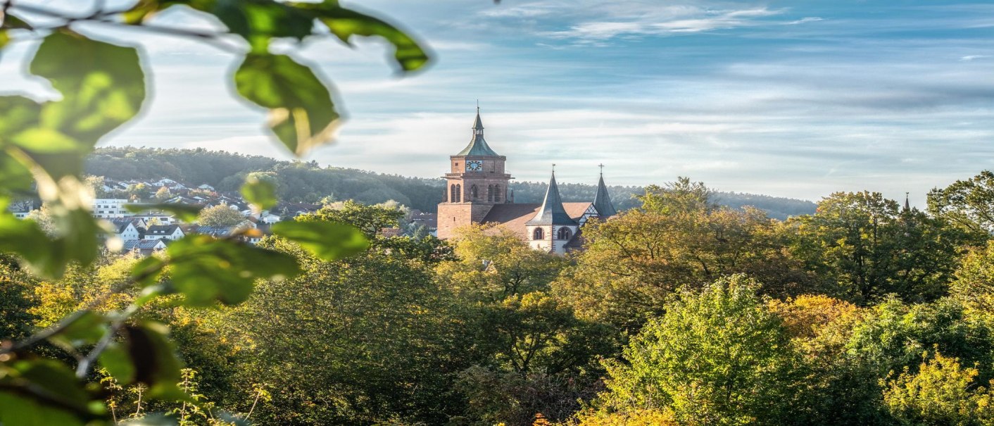 Die Peter und Paul Kirche in Weil der Stadt ragt über Bäume und Häuser, bei klarem Himmel und sonnigem Wetter., © © Stuttgart-Marketing GmbH, Martina Denker