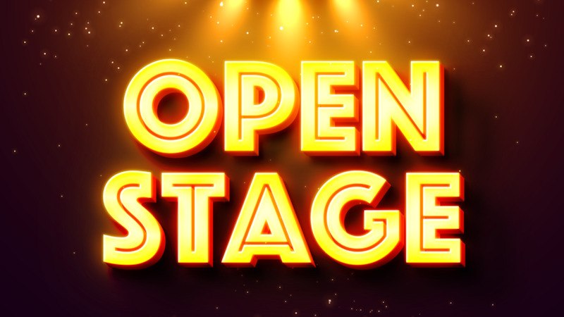 Leuchtender Schriftzug 'Open Stage' in gelb-orange vor einem funkelnden, dunklen Hintergrund mit Lichteffekten., © Kulturforum Schorndorf e. V. Leuchtender Schriftzug 'Open Stage' in gelb-orange vor einem funkelnden, dunklen Hintergrund mit Lichteffekten., © Kulturforum Schorndorf e. V.