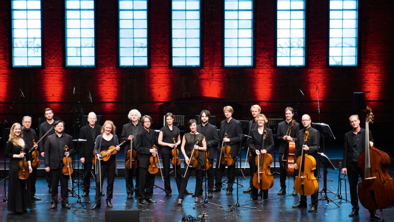 Das Stuttgarter Kammerorchester posiert auf einer Bühne vor einer roten Backsteinwand mit großen Fenstern. Die Musiker halten ihre Instrumente., © Reiner Pfisterer