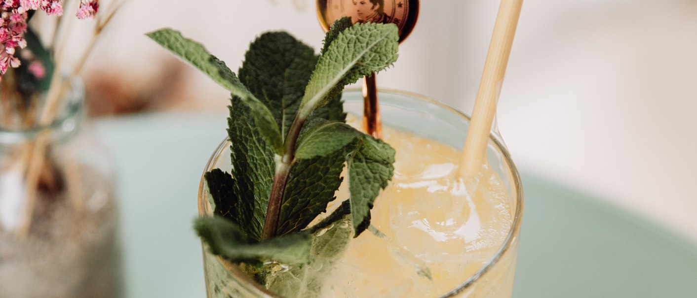 Ein erfrischender Sommerdrink mit Minze und Strohhalm in einem hohen Glas. Im Hintergrund sind rosa Blumen in einer Vase zu sehen., © L. Prestle/ Documenting Love Ein erfrischender Sommerdrink mit Minze und Strohhalm in einem hohen Glas. Im Hintergrund sind rosa Blumen in einer Vase zu sehen., © L. Prestle/ Documenting Love
