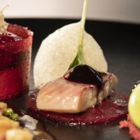 Ein kunstvoll angerichtetes Gourmetgericht mit rotem Gelee, Fisch und grüner Creme auf einem schwarzen Teller., © Restaurant Bachofer