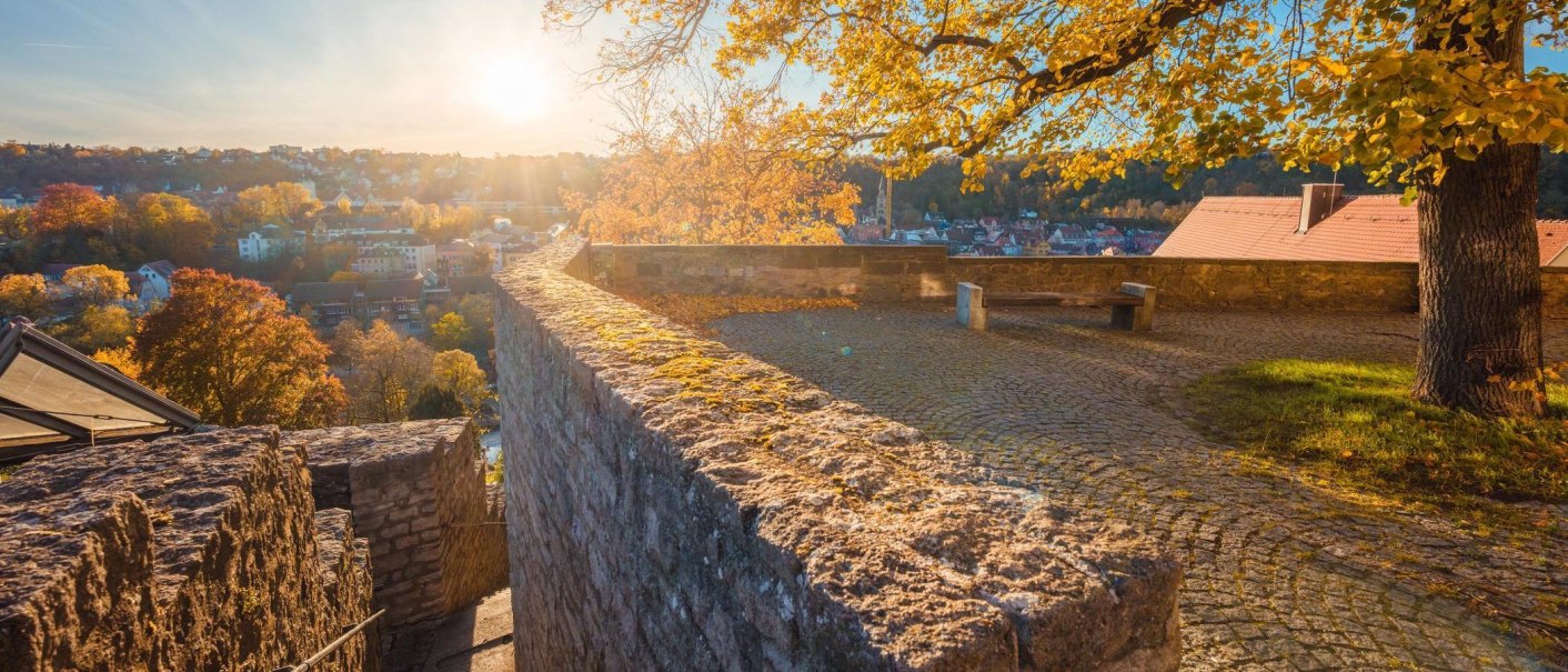 Herbstliche Aussicht von einer Steinmauer in Schw&auml;bisch Hall. Die Sonne scheint &uuml;ber die bunten B&auml;ume und D&auml;cher der Stadt., &copy; Stadt Schw&auml;bisch Hall, Michael K&uuml;hneisen
