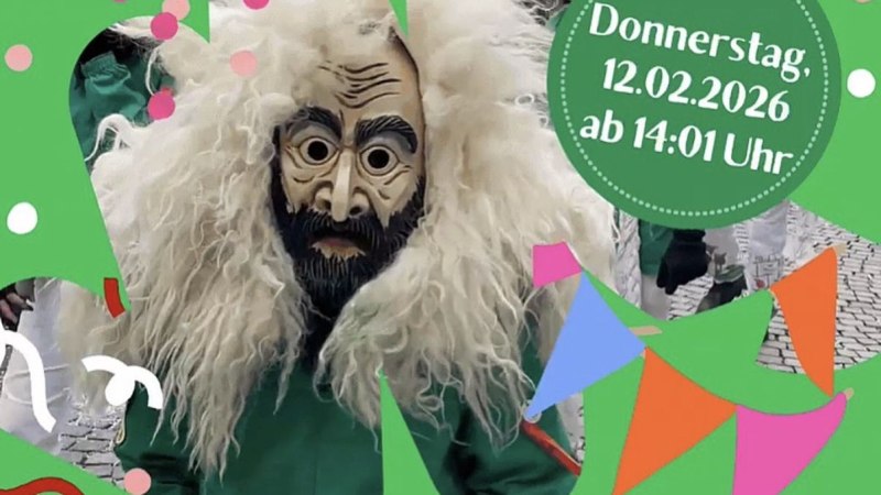 Plakat f&uuml;r den Kinderfasching der 1. Narrenzunft Bad Urach mit einer maskierten Figur, bunten Girlanden und Infos zur Veranstaltung am 12.02.2026.