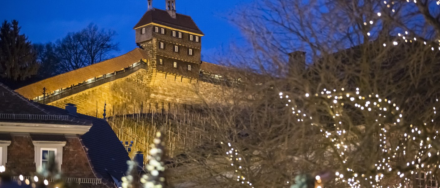 Die Esslinger Burg leuchtet in der Abenddämmerung, umgeben von Bäumen mit Lichterketten. Ein festlicher Anblick in der blauen Stunde., © Esslingen Markt und Event GmbH (EME)
