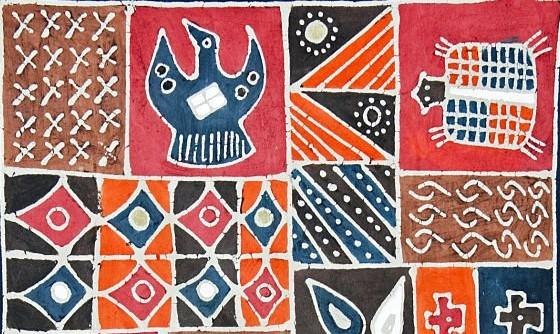 Buntes Batik-Muster mit geometrischen Formen und Tiermotiven in Rot, Blau, Schwarz und Wei&szlig;. Traditionelle Sadza Batik aus Zimbabwe., &copy; Kunstschule Labyrinth