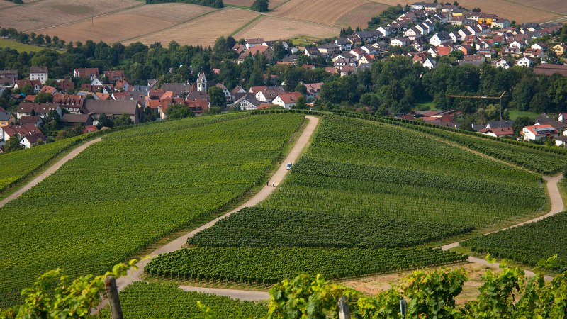 Weinberge im Vordergrund, ein Dorf mit roten Dächern im Hintergrund. Eine Straße schlängelt sich durch die grünen Felder., © Stuttgart-Marketing GmbH