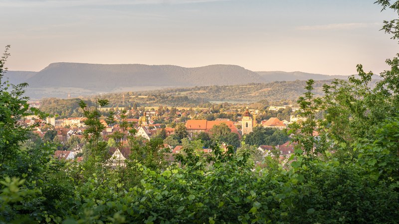 Blick vom Aussichtspunkt Würstlesberg auf eine Stadt, umgeben von grüner Vegetation, mit Bergen im Hintergrund bei Sonnenuntergang., © SMG, Martina Denker Blick vom Aussichtspunkt Würstlesberg auf eine Stadt, umgeben von grüner Vegetation, mit Bergen im Hintergrund bei Sonnenuntergang., © SMG, Martina Denker