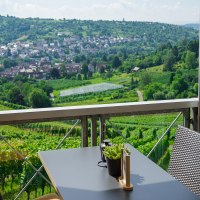 Terrasse mit Tisch und Stühlen, Blick auf grüne Weinberge und ein Dorf im Hintergrund. Sonniger Tag, klare Sicht auf die Landschaft., © Rotenberger Weingärtle, Frederik Garlin