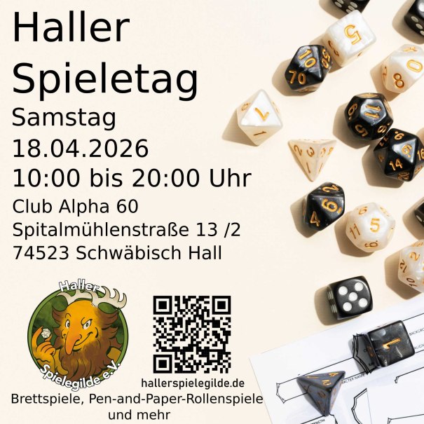 Ein Tag im Zeichen des gemeinsamen Spielens! Die Haller Spielgilde e.V. l&auml;dt alle Interessierten ein, in die Welt der Brettspiele, Tabletops und Rollenspiele einzutauchen. Ob Einsteiger oder Profi &ndash; bei uns stehen der Spa&szlig; und das Miteinander im Vordergrund. Spiele k&ouml;nnen vor Ort ausprobiert werden, erfahrene Spielleiter unterst&uuml;tzen bei den Regeln., &copy; Haller Spielgilde e.V.