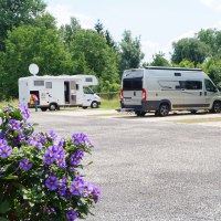 Wohnmobile auf einem Stellplatz in Nürtingen, umgeben von Bäumen. Im Vordergrund blühende violette Blumen., © Stadt Nürtingen, Clint Metzger Wohnmobile auf einem Stellplatz in Nürtingen, umgeben von Bäumen. Im Vordergrund blühende violette Blumen., © Stadt Nürtingen, Clint Metzger