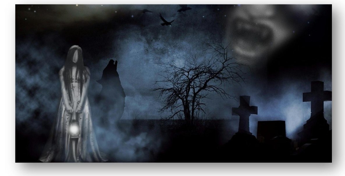 Eine geisterhafte Frau mit Laterne steht auf einem nebligen Friedhof. Kreuze und ein kahler Baum sind zu sehen, w&auml;hrend ein schreiendes Gesicht im Hintergrund erscheint., &copy; pixabay