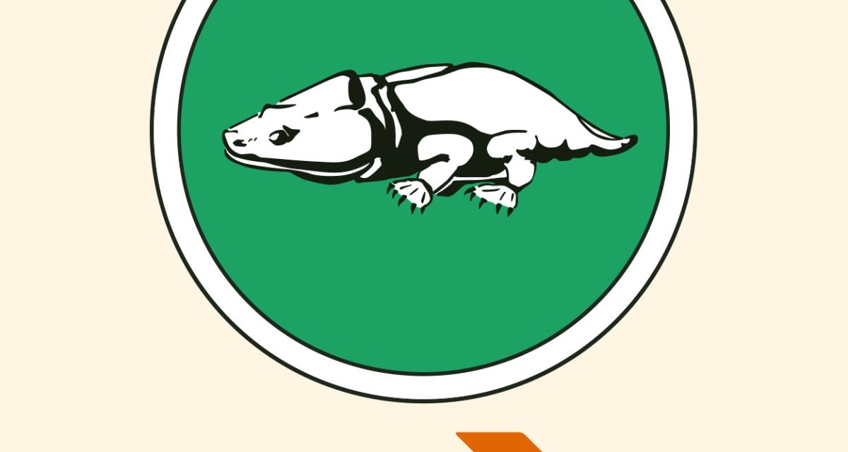Grünes Schild mit weißem Tier, orangefarbener Pfeil nach rechts auf beigem Hintergrund. Grünes Schild mit weißem Tier, orangefarbener Pfeil nach rechts auf beigem Hintergrund.