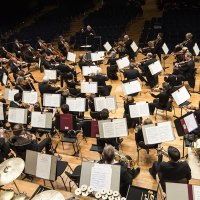 Ein Orchester spielt auf einer B&uuml;hne, Musiker mit verschiedenen Instrumenten, darunter Streicher und Bl&auml;ser, dirigiert von einer Person in der Mitte., &copy; Sebastian Klein