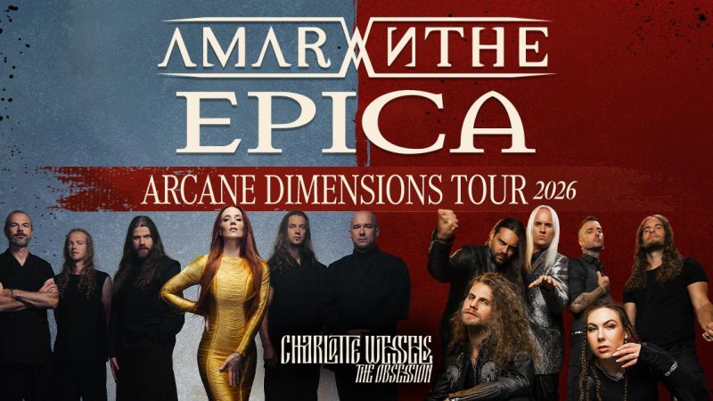 Poster der Arcane Dimensions Tour 2026 mit den Bands Amaranthe und Epica. Mehrere Bandmitglieder sind abgebildet, der Hintergrund ist zweifarbig., © Music Circus Concertbüro GmbH & Co. KG Poster der Arcane Dimensions Tour 2026 mit den Bands Amaranthe und Epica. Mehrere Bandmitglieder sind abgebildet, der Hintergrund ist zweifarbig., © Music Circus Concertbüro GmbH & Co. KG