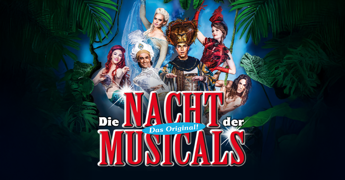 Plakat f&uuml;r 'Die Nacht der Musicals' mit Figuren aus bekannten Musicals vor einem Dschungelhintergrund. Der Titel ist prominent in der Mitte platziert., &copy; links im Bild