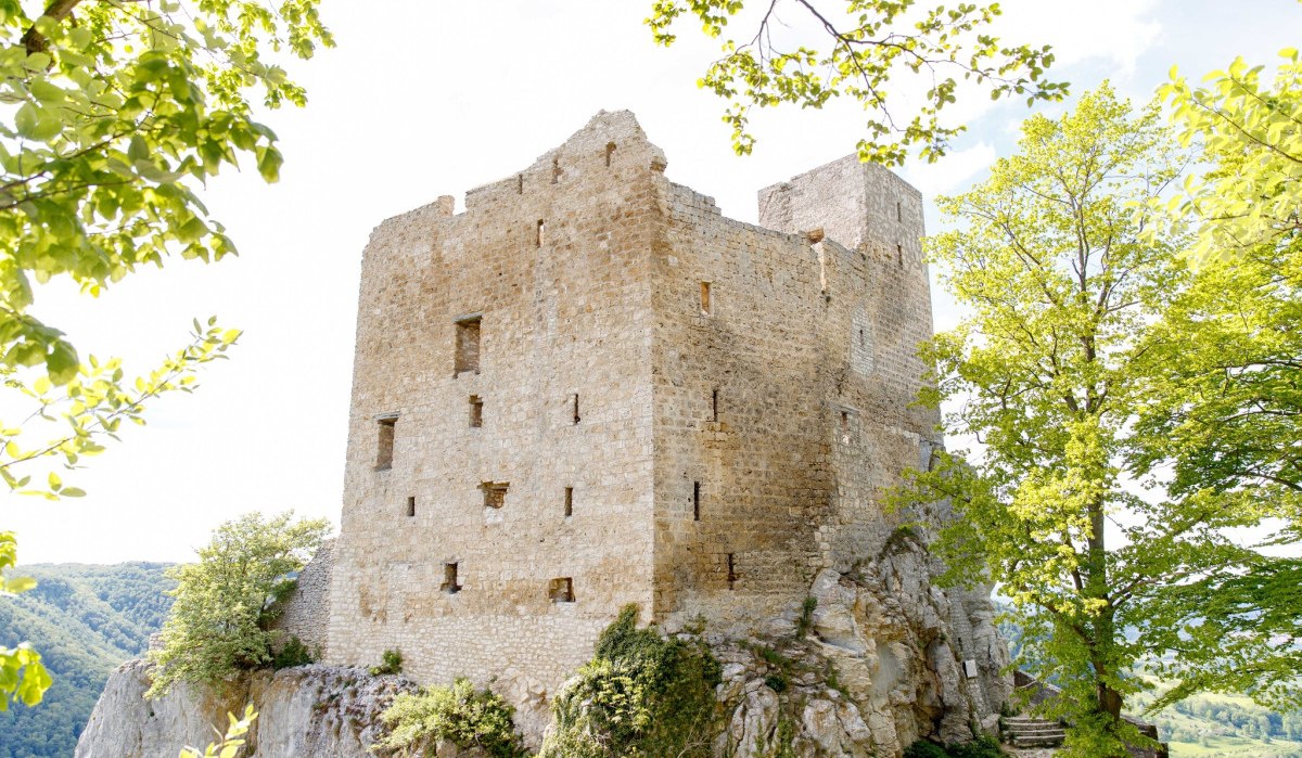 Die Ruine Reußenstein thront auf einem Felsen, umgeben von grünen Bäumen und strahlendem Himmel., © Landkreis Göppingen Die Ruine Reußenstein thront auf einem Felsen, umgeben von grünen Bäumen und strahlendem Himmel., © Landkreis Göppingen