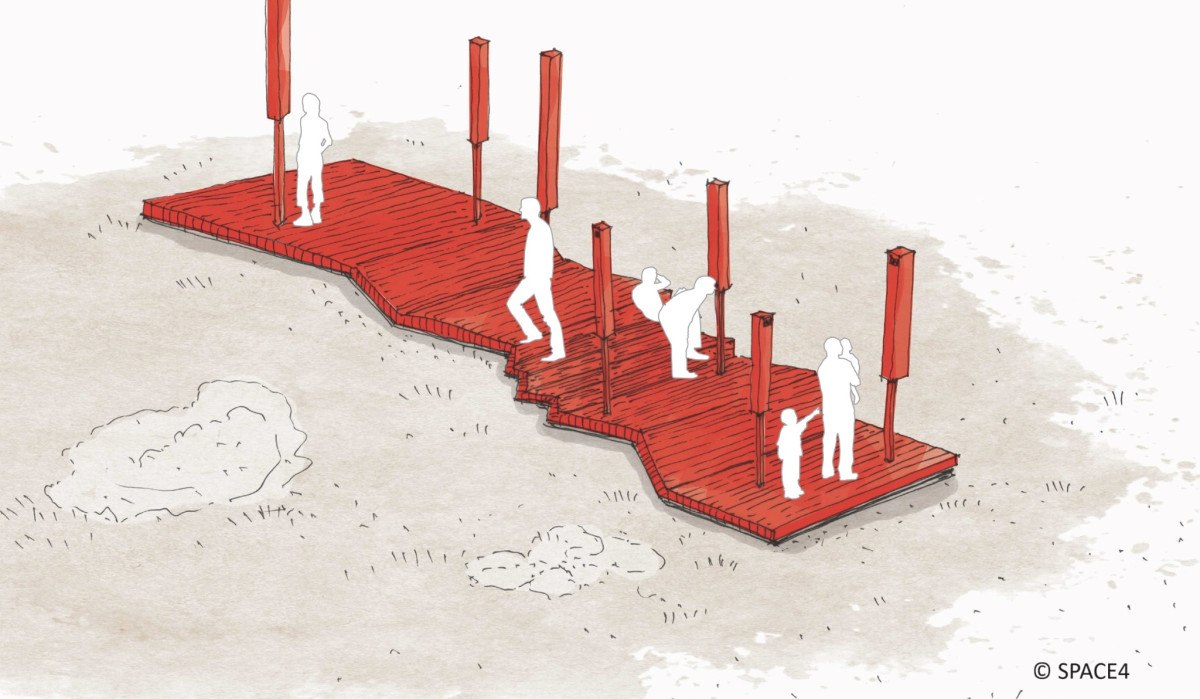 Illustration eines roten Holzstegs mit vertikalen Pfosten und stilisierten Menschenfiguren, die darauf stehen. Der Steg hat eine unregelm&auml;&szlig;ige Form., &copy; Verband Region Stuttgart