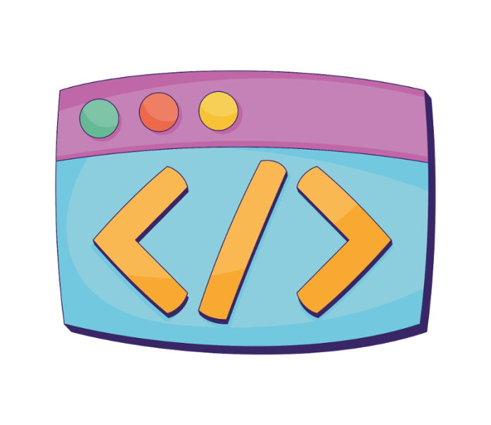 Illustration eines Computerfensters mit bunten Schaltflächen und HTML-Code-Symbolen in der Mitte., © Stadtbibliothek Sindelfingen