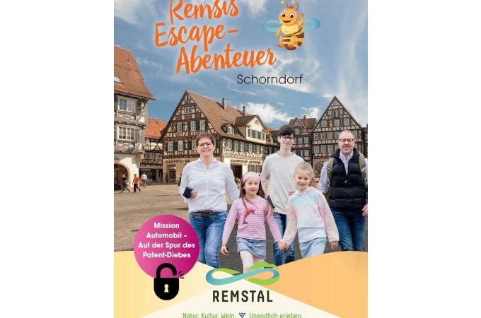 Plakat für Remsis Escape-Abenteuer in Schorndorf. Eine Familie steht vor Fachwerkhäusern. Text: "Mission Automobil - Auf der Spur des Patent-Diebes"., © Eigenbetrieb Tourismus und Citymanagement Schorndorf Plakat für Remsis Escape-Abenteuer in Schorndorf. Eine Familie steht vor Fachwerkhäusern. Text: "Mission Automobil - Auf der Spur des Patent-Diebes"., © Eigenbetrieb Tourismus und Citymanagement Schorndorf