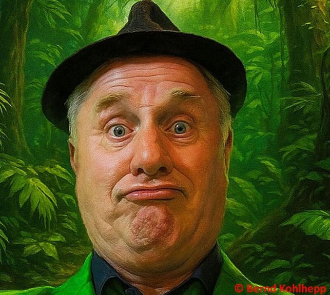 Ein Mann mit Hut zieht eine lustige Grimasse vor einem grünen Dschungelhintergrund. Sein Gesichtsausdruck ist humorvoll und übertrieben., © Stadthalle Leonberg Ein Mann mit Hut zieht eine lustige Grimasse vor einem grünen Dschungelhintergrund. Sein Gesichtsausdruck ist humorvoll und übertrieben., © Stadthalle Leonberg
