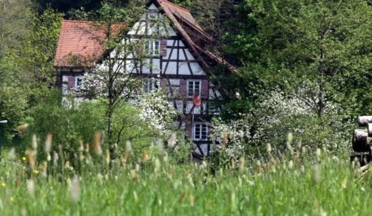 Ein Fachwerkhaus steht hinter blühenden Bäumen, umgeben von grüner Natur und einer Wiese im Vordergrund., © Natur.Nah. Schönbuch & Heckengäu Ein Fachwerkhaus steht hinter blühenden Bäumen, umgeben von grüner Natur und einer Wiese im Vordergrund., © Natur.Nah. Schönbuch & Heckengäu