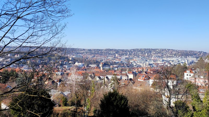 Stadtansicht mit roten Dächern unter klarem, blauem Himmel. Im Vordergrund Bäume und ein Holzzaun., © SMG