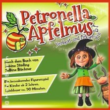 Cover des Figurenspiels 'Petronella Apfelmus' mit einer Hexe und einem Apfel. Geeignet f&uuml;r Kinder ab 2 Jahren, Spieldauer ca. 50 Minuten., &copy; links im Bild