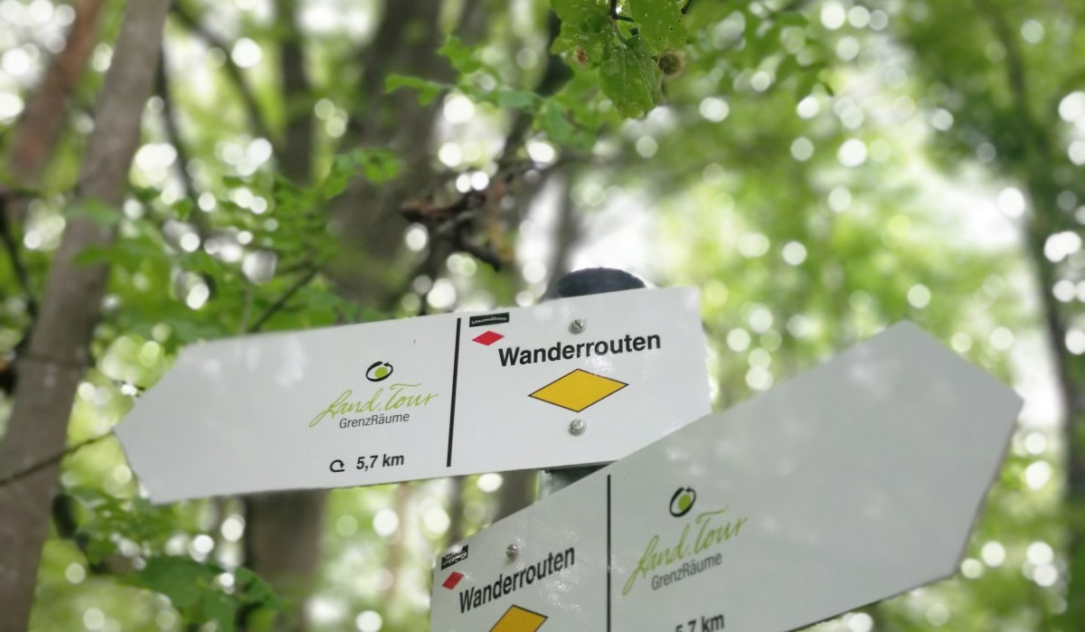Ein Wegweiser im Wald zeigt Wanderrouten an. Die Schilder sind weiß mit gelben Pfeilen und der Aufschrift '5,7 km'. Ein Wegweiser im Wald zeigt Wanderrouten an. Die Schilder sind weiß mit gelben Pfeilen und der Aufschrift '5,7 km'.