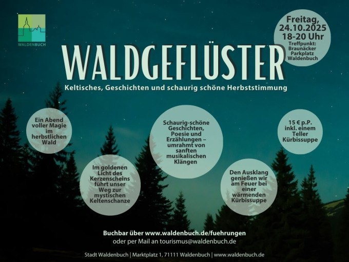 Plakat f&uuml;r 'Waldgefl&uuml;ster' am 24.10.2025 in Waldenbuch. Keltische Geschichten, Musik und K&uuml;rbissuppe im herbstlichen Wald., &copy; Stadt Waldenbuch