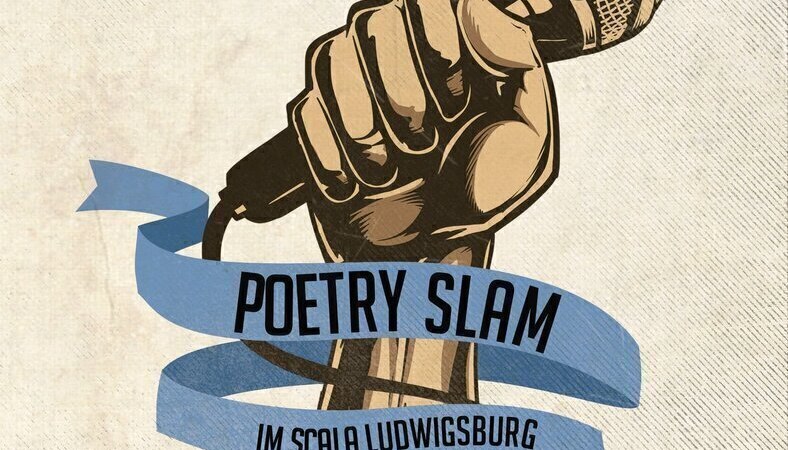 Illustration einer Hand mit Mikrofon und einem blauen Band mit der Aufschrift 'Poetry Slam im Scala Ludwigsburg'., &copy; Scala Kultur Live gGmbH