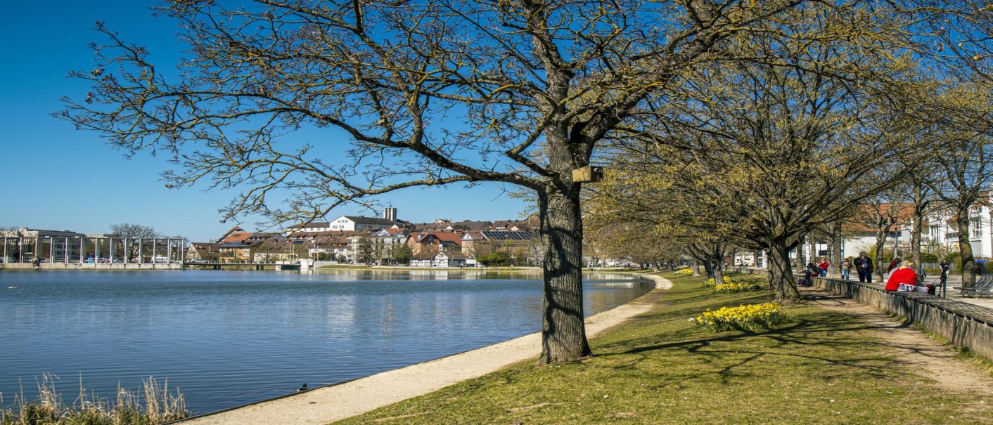 Der Obere See in Böblingen mit blühenden Bäumen und Spaziergängern am Ufer. Im Hintergrund sind Gebäude und ein klarer blauer Himmel zu sehen., © SMG, Sarah Schmid Der Obere See in Böblingen mit blühenden Bäumen und Spaziergängern am Ufer. Im Hintergrund sind Gebäude und ein klarer blauer Himmel zu sehen., © SMG, Sarah Schmid