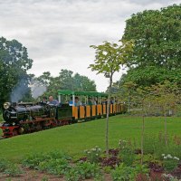 Eine kleine Dampflokomotive zieht bunte Waggons durch einen grünen Park mit Bäumen und Blumen., © Andreas Pucka
