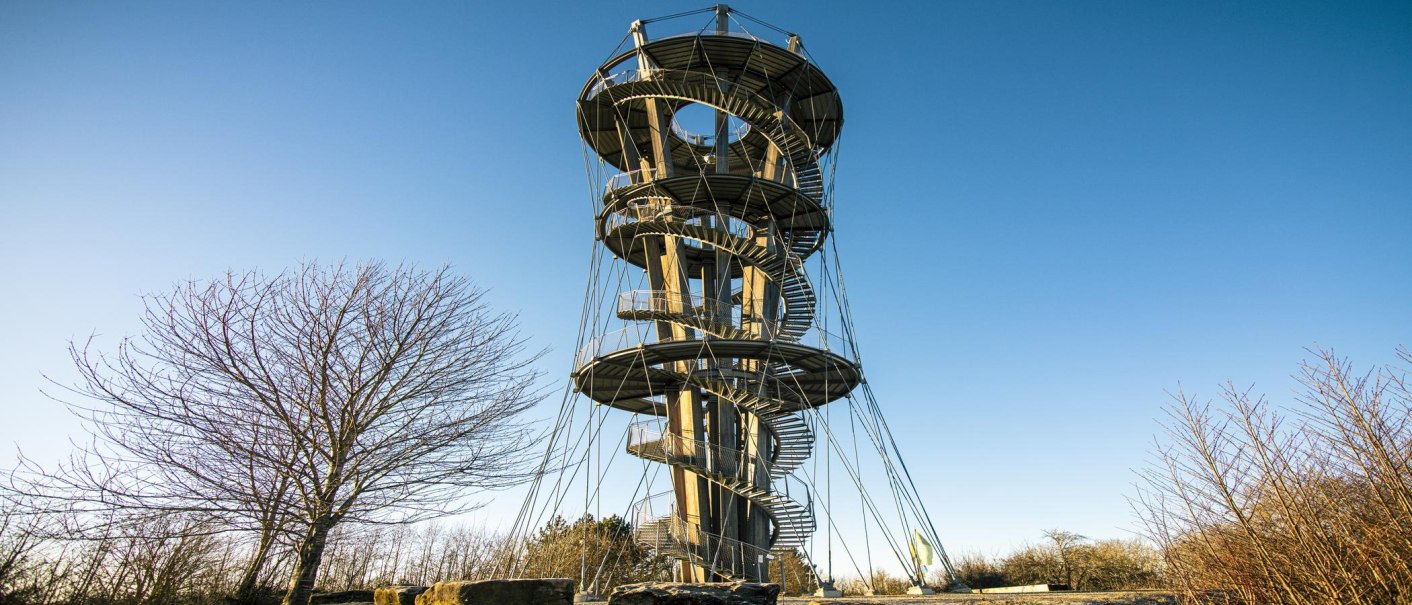 Der Schönbuchturm ragt in den blauen Himmel, umgeben von kahlen Bäumen und Sträuchern. Die spiralförmige Treppe ist gut sichtbar., © SMG, Sarah Schmid