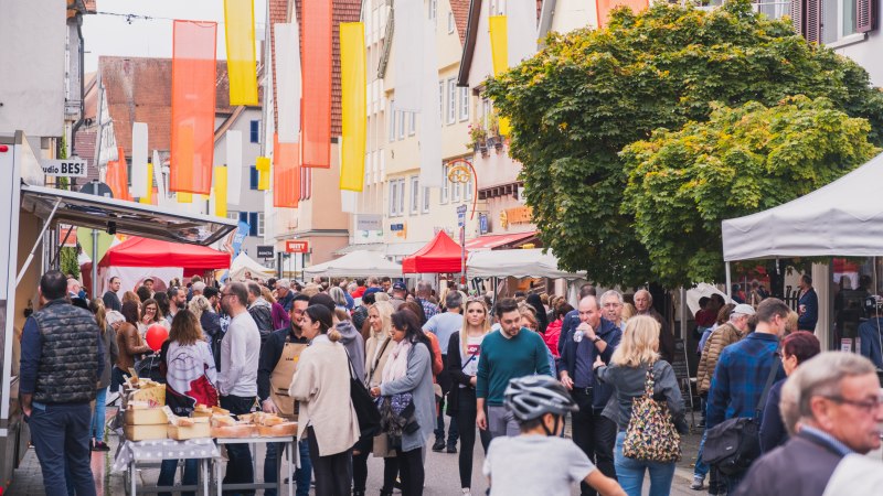 Belebter Stadtmarkt mit vielen Menschen, bunten Fahnen und Marktst&auml;nden. Ein Junge mit Fahrradhelm f&auml;hrt durch die Menge., &copy; DANIJEL GRBIC BEBOP MEDIA
