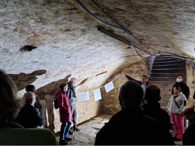 Menschen bei einer F&uuml;hrung in einem alten Keller mit steinernen W&auml;nden. Ein F&uuml;hrer zeigt auf Zeichnungen an der Wand., &copy; Stadtverwaltung Weil der Stadt