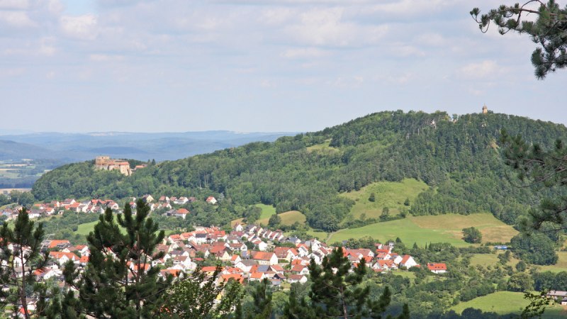 Blick auf die Ruine Rechberg auf einem bewaldeten Hügel, umgeben von einem Dorf mit roten Dächern und grünen Feldern., © Foto: Frieder Kopper Blick auf die Ruine Rechberg auf einem bewaldeten Hügel, umgeben von einem Dorf mit roten Dächern und grünen Feldern., © Foto: Frieder Kopper