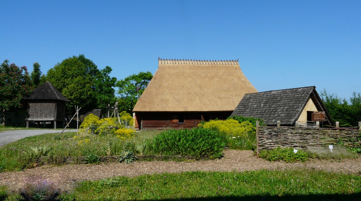 Traditionelle Gebäude im Keltenmuseum Hochdorf mit Strohdächern, umgeben von grüner Vegetation und blühenden Pflanzen unter klarem Himmel., © Keltenmuseum Hochdorf Traditionelle Gebäude im Keltenmuseum Hochdorf mit Strohdächern, umgeben von grüner Vegetation und blühenden Pflanzen unter klarem Himmel., © Keltenmuseum Hochdorf