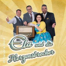 Eine Musikgruppe in Retro-Kleidung posiert mit einem alten Radio. Der Hintergrund ist gelb gestreift. Schriftzug: 'Ela und die Herzensbrecher'., &copy; links im Bild